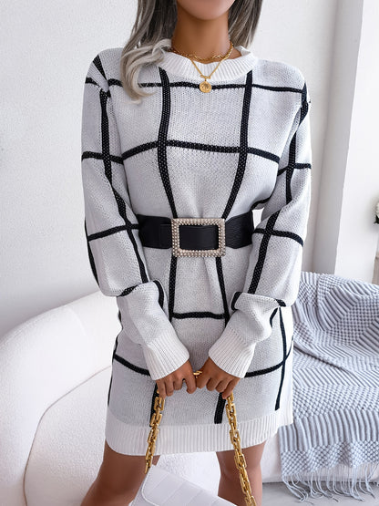 Premium Color Block Plaid Sweater Dress - Women's Long Sleeve Casual Bodycon Dress