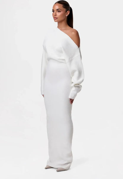 Ins Slim Long Sleeve Knitted Dress Evening Party Sexy Off-shoulder Bodycon Long Dresses