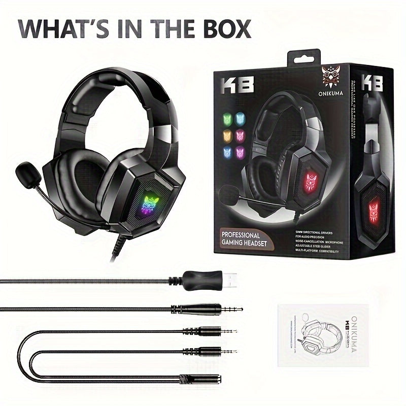 ONIKUMA K8 Wearable Gaming Headset For Computer With Microphone Wired Headset-gaming Headphones For PS4/PS5/Xbox One/PC With LED Lights, For Playstation Headset With Noise Reduction 7.1 Surround Sound Over-Ear And Wired 3.5mm