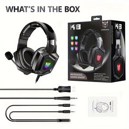ONIKUMA K8 Wearable Gaming Headset For Computer With Microphone Wired Headset-gaming Headphones For PS4/PS5/Xbox One/PC With LED Lights, For Playstation Headset With Noise Reduction 7.1 Surround Sound Over-Ear And Wired 3.5mm