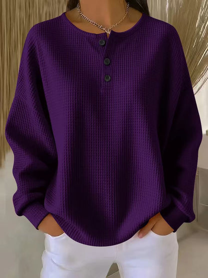 Ins Waffle Long-sleeved T-shirt Fashion Solid Color Buttons Round Neck Pullover Top Women's Clothing