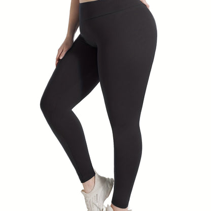 Plus Size High Waist Solid Color Stretchy Leggings, Women's Plus High Stretch Yoga Leggings, Sports Pants Spring/Autumn