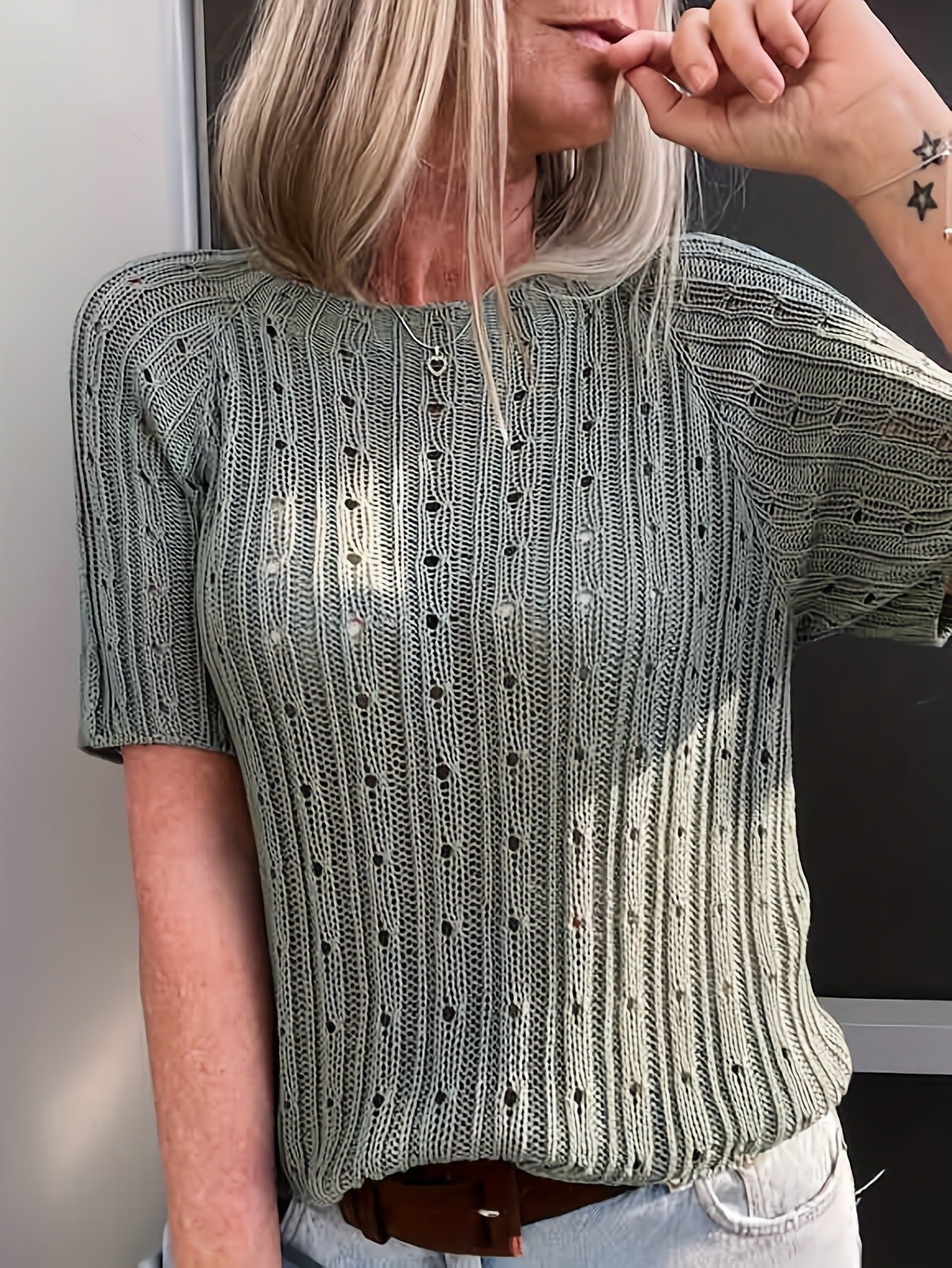 Women's Solid-color Crew-neck Hollow-out Mesh Knit Short-sleeve