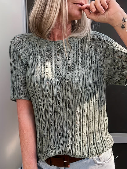 Women's Solid-color Crew-neck Hollow-out Mesh Knit Short-sleeve