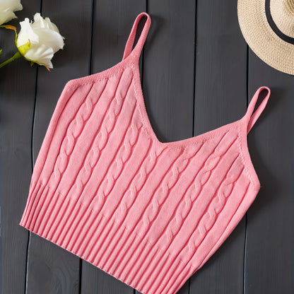 Valentine's Day Knitted Cami Crop Top, Versatile Sleeveless Casual Top For Spring & Summer, Women's Clothing