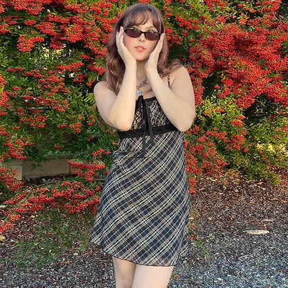 Halter-neck Plaid Slip Dress