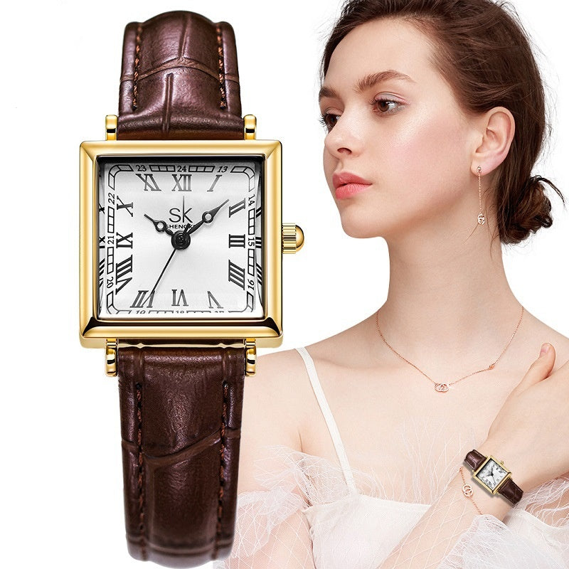 Women's Watch With A Retro-style Small Square Face And Leather Strap