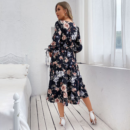 Womens Crew-neck Long-sleeve Tie-dye Printed Dress