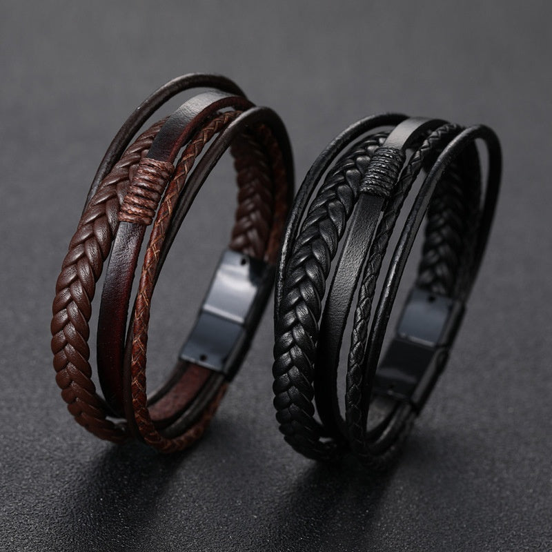 1pc Men's Hand-Woven Multi-Layer Leather Bracelet with Buckle Closure - Stylish Faux Leather Cuff, Durable & Versatile Accessory for Casual or Formal Wear