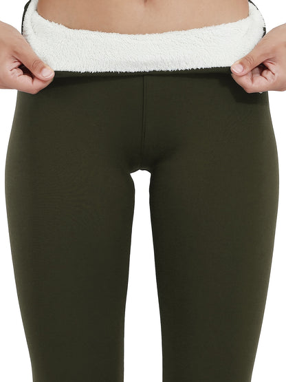 Cozy Fleece-Lined High-Waist Leggings for Women - Stretchy & Warm, Olive Green, Casual Style, Non-See-Through, Solid Color, Perfect for Winter, Machine Washable