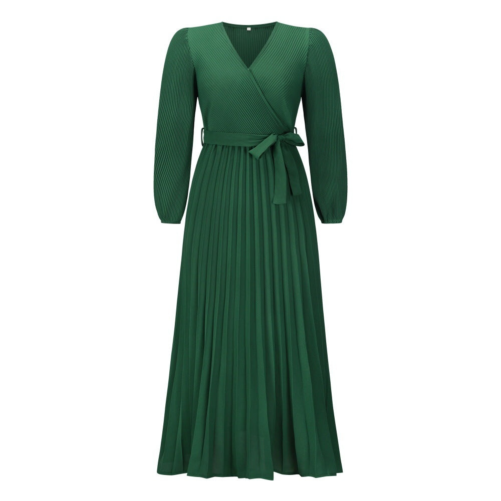 V-neck Long Sleeve Pleated A- Line Mid-length Dress