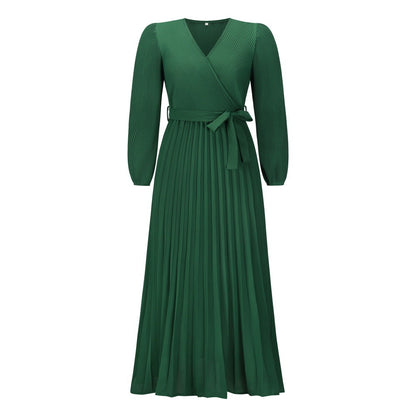 V-neck Long Sleeve Pleated A- Line Mid-length Dress