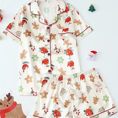 Cute Cartoon Pajama Set With A Turn-down Collar Short Sleeves