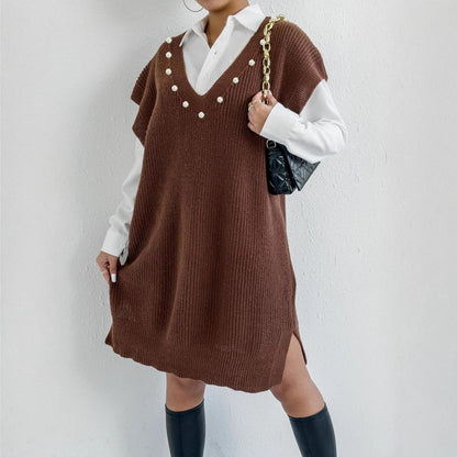 Preppy Style Casual Vest Dress V-neck Beaded Loose