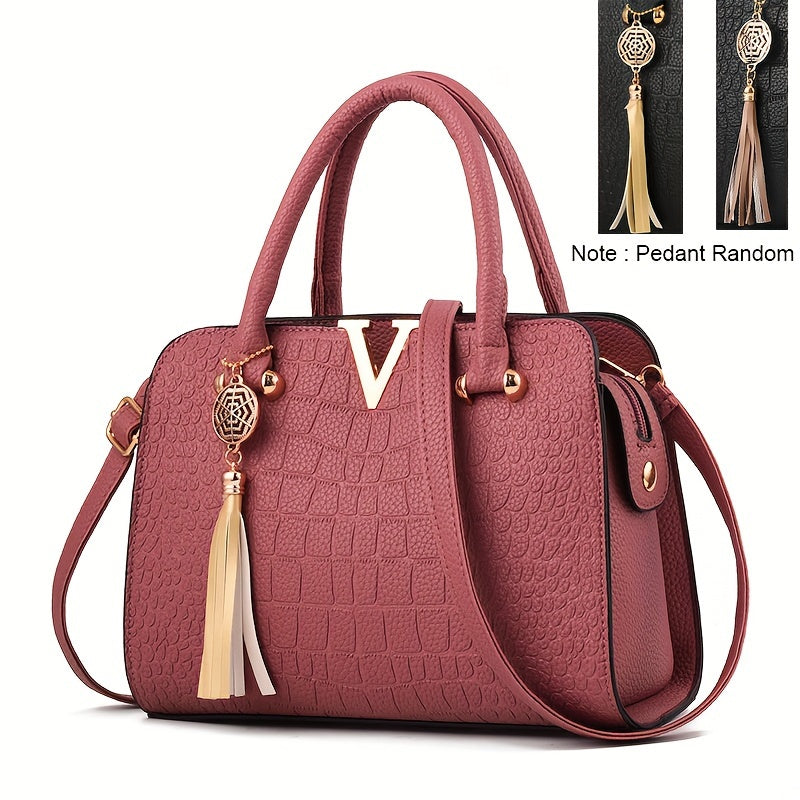 Crocodile Pattern Satchel Bag, Tassel Decor Double Handle Purse, Women's Shoulder Bag For Work