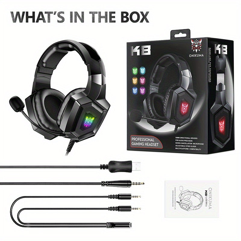 ONIKUMA K8 Wearable Gaming Headset For Computer With Microphone Wired Headset-gaming Headphones For PS4/PS5/Xbox One/PC With LED Lights, For Playstation Headset With Noise Reduction 7.1 Surround Sound Over-Ear And Wired 3.5mm