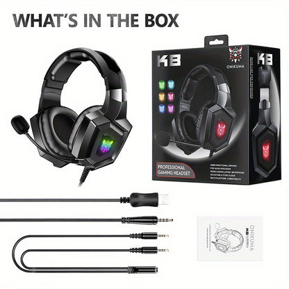 ONIKUMA K8 Wearable Gaming Headset For Computer With Microphone Wired Headset-gaming Headphones For PS4/PS5/Xbox One/PC With LED Lights, For Playstation Headset With Noise Reduction 7.1 Surround Sound Over-Ear And Wired 3.5mm