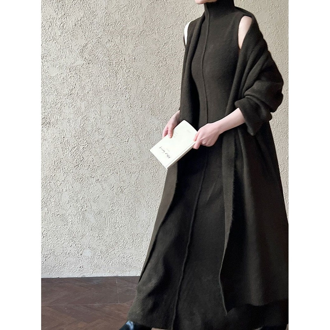 Women's Long Warm Sleeveless Turtleneck Dress Two-piece Set