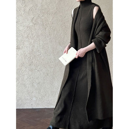 Women's Long Warm Sleeveless Turtleneck Dress Two-piece Set