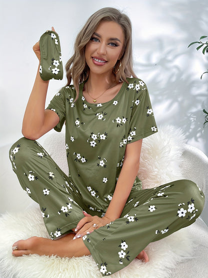 Women's Floral Print Pajama Set - Comfortable Short Sleeve Tee Top and Pants for Sleep and Lounging