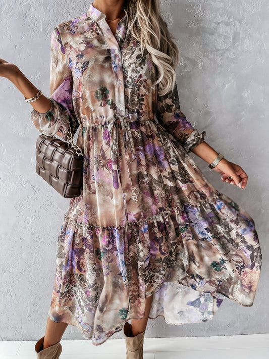 New Long-sleeved Mid-length Printed Dress