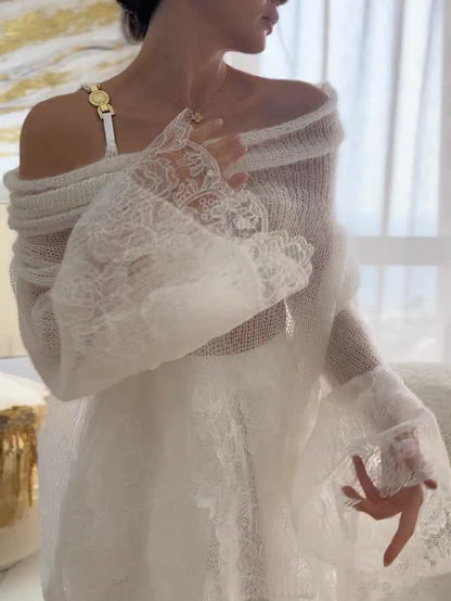 White Lace Off-Shoulder Oversized Top