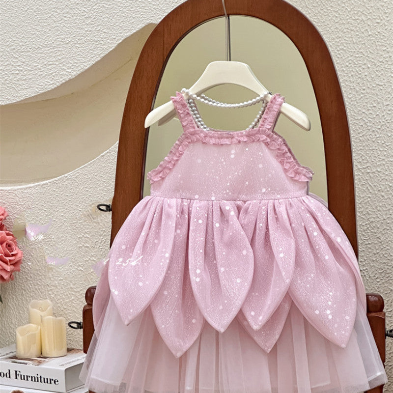 Girl's Summer Flower Strap Dress Children's Super Fairy Petal French High-end Birthday Princess
