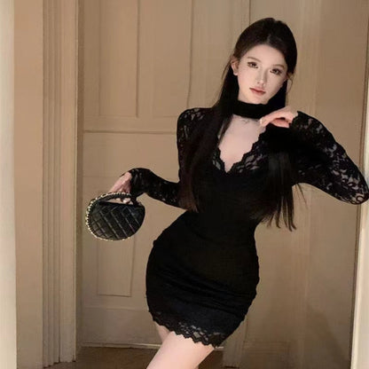 Halter Lace Dress Women's Autumn And Winter Hip-wrapped Figure Inner Skirt