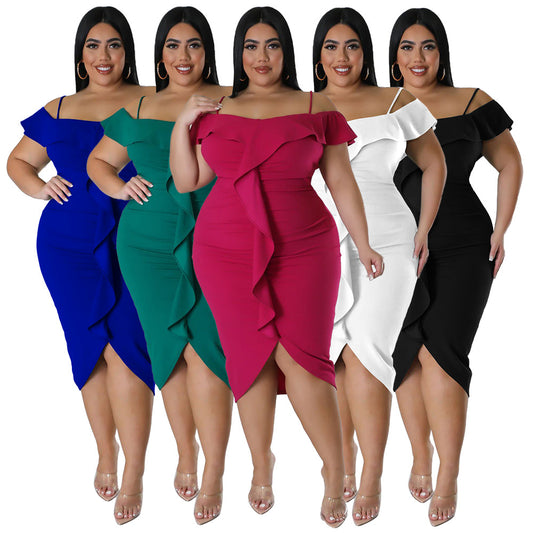 Solid-color Dress Halter-neck Midi Skirt