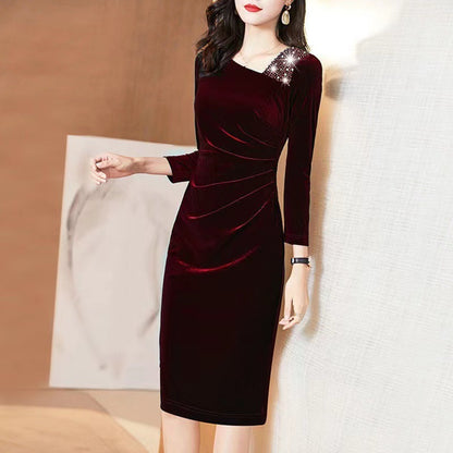 Long-sleeved Velvet Sheath Skirt With Fleece Lining And Extra Thickness