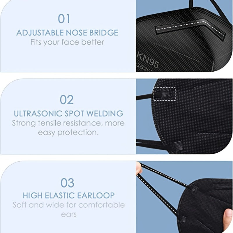 50pcs A Pack KN95 Face Masks, Breathable Comfortabl, Adults Black KN95 Masks, 5-ply Breathable Safety Masks Against PM2.5, Filter Efficiency Over 95%