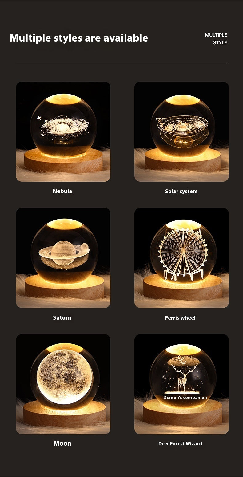 3D Crystal Ball Night Light - USB Powered Projection Lamp with Wooden Base | Moon, Ferris Wheel & Forest Designs