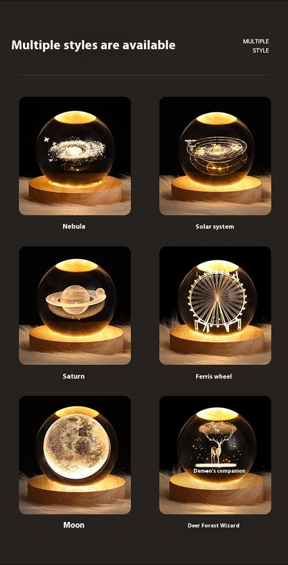 3D Crystal Ball Night Light - USB Powered Projection Lamp with Wooden Base | Moon, Ferris Wheel & Forest Designs