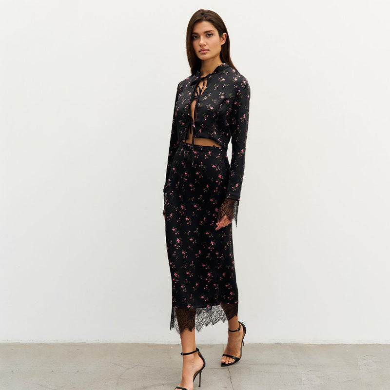 Women's Fashionable Printed Long-Sleeve Lace-Patchwork Skirt Set