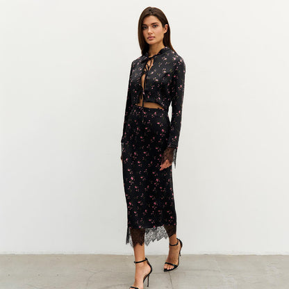 Women's Fashionable Printed Long-Sleeve Lace-Patchwork Skirt Set