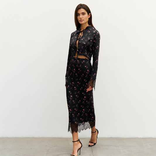 Women's Fashionable Printed Long-Sleeve Lace-Patchwork Skirt Set