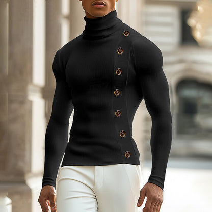 European And American Men Casual Sweater Turtleneck Buttons Solid Color Long Sleeve