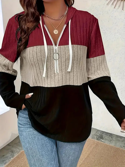 Color-blocked Oversized Hoodie With Half-zip And Drawstring