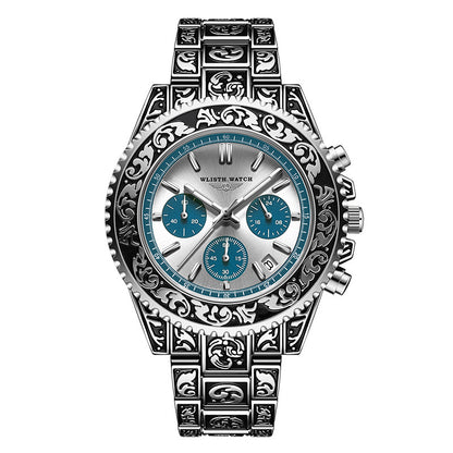 Vintage Engraving Quartz Multi-function Men's Watch