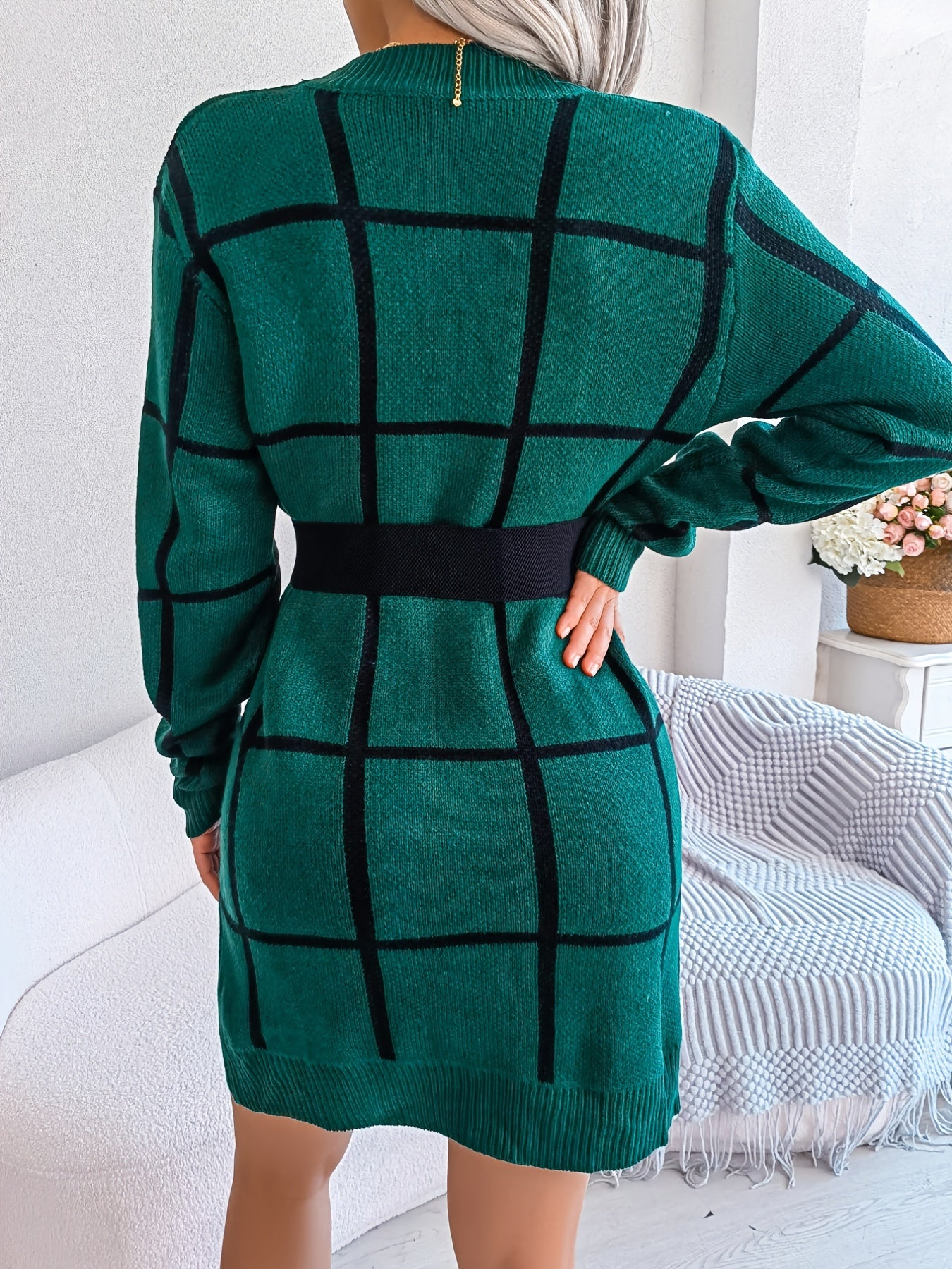 Premium Color Block Plaid Sweater Dress - Women's Long Sleeve Casual Bodycon Dress