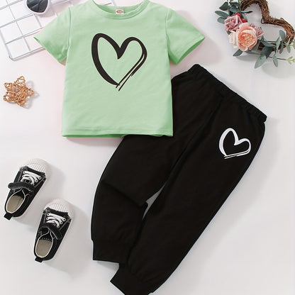 Girls' Fashion Set: Heart Print Round Neck Short Sleeve T-Shirt & Sweatpants 2pcs Casual Cotton Outfit, Perfect for Outdoor