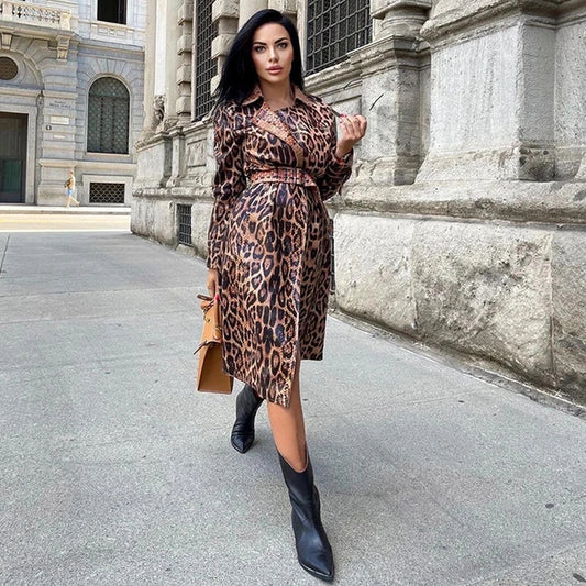Long-sleeved Leopard Print Shiny Suede Fashion Lace-up Trench Coat