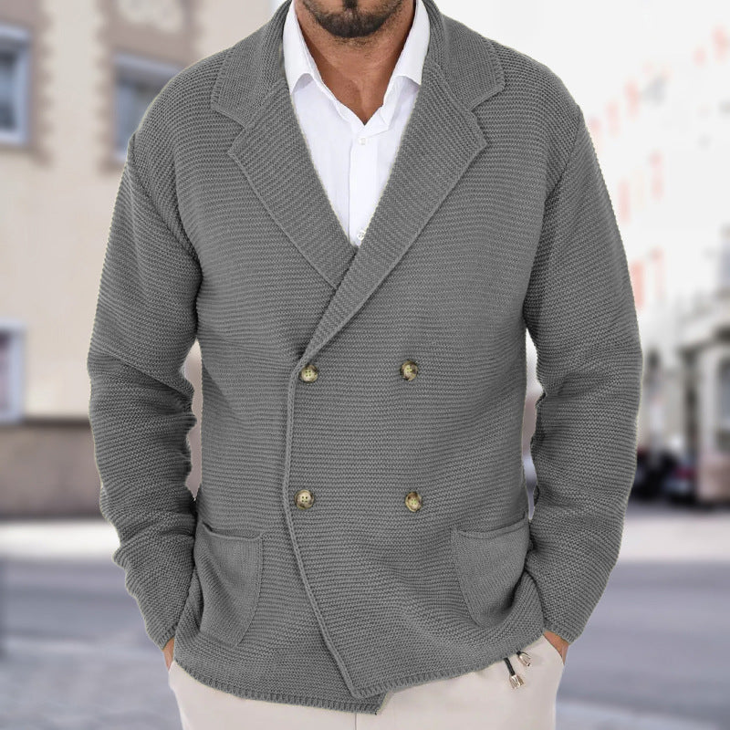 Cardigan Lapel Sweater Coat For Men Fall Winter Slim Double Breasted Sweaters Business Casual Style Lightweight Tops