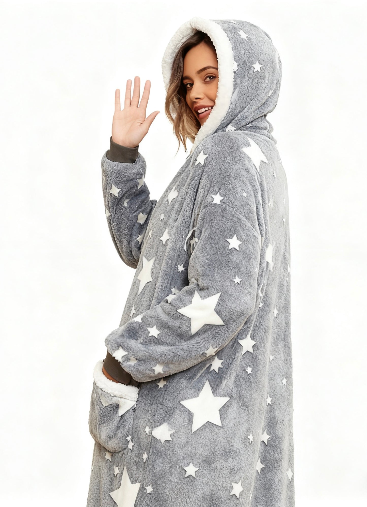 Oversized Wearable Hooded Blanket With Print Glow In The Dark Long Size Sherpa Warm Sweatshirt For Women