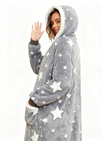 Oversized Wearable Hooded Blanket With Print Glow In The Dark Long Size Sherpa Warm Sweatshirt For Women