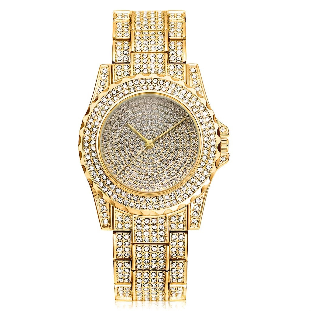 1pc Rhinestone Decor Quartz Watch Luxury Hiphop Analog Wristwatch & 1pc Bracelet, Gift For Xmas Valentine's Day