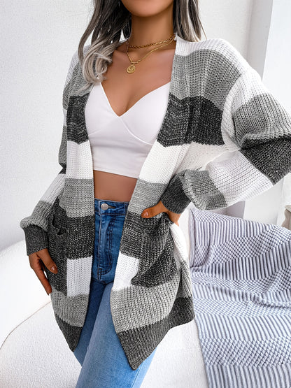 Vibrant Striped V-Neck Knit Cardigan - Soft High-Elasticity Acrylic Fabric, Casual Loose Fit, Drop Shoulder, Long Sleeve, Hand Wash Only, Perfect for Winter - Womens Casual Clothing for Everyday Wear