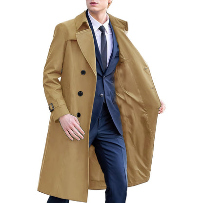 Premium Men's Long Trench Coat - Classic Solid Color Overcoat