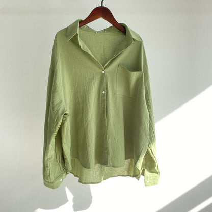 European And American-style Lapel Solid-color Cotton-linen Top Loose-fitting