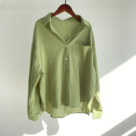 European And American-style Lapel Solid-color Cotton-linen Top Loose-fitting